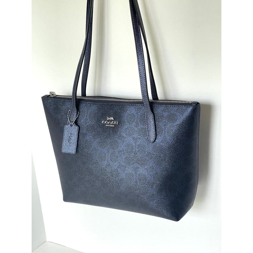 Coach Fiona Zip Tote CW396 Blue Pearlized Leather Canvas Medium - Picture 5 of 13